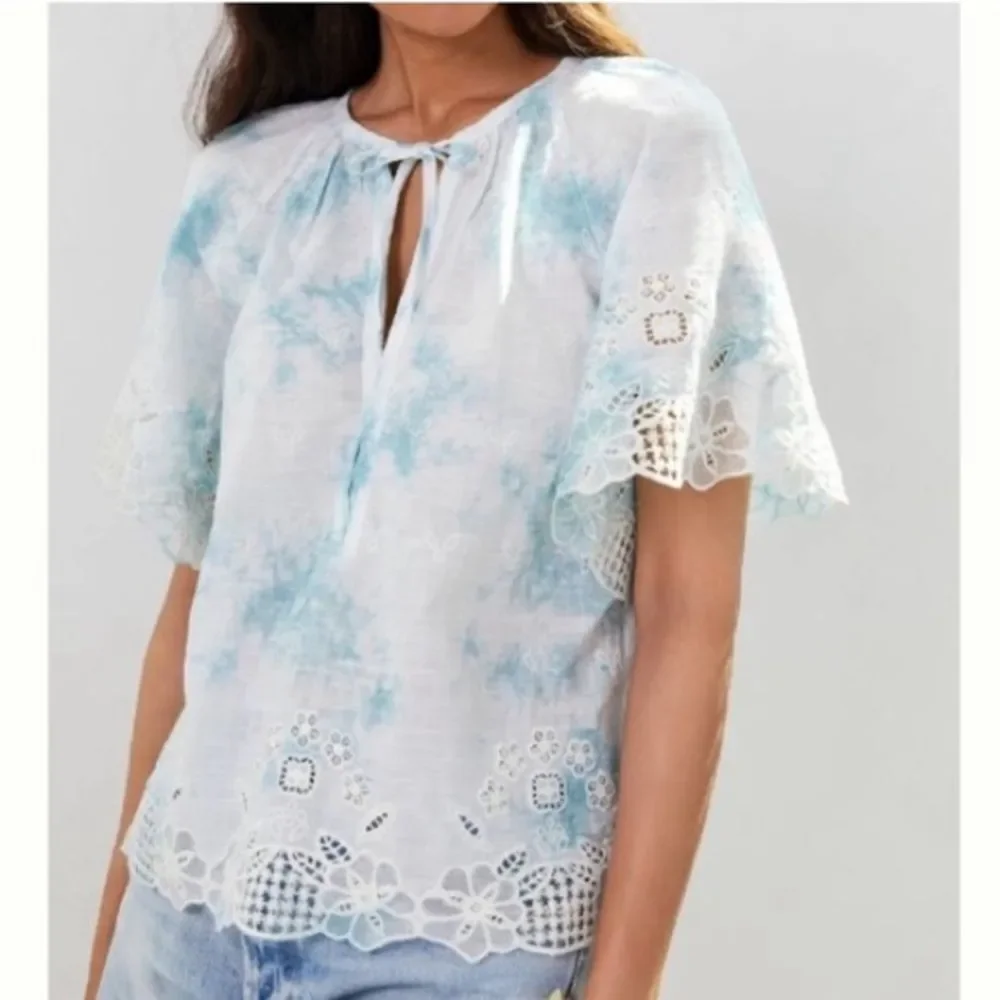 NWT Anthropologie Embroidered Tie Dye Eyelet Boho Puff Sleeve Blouse Top
